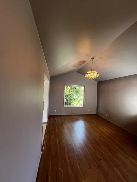 The same color-drenched Bellingham room with daylight and chandeliers together, the color warming toward mauve-brown.
